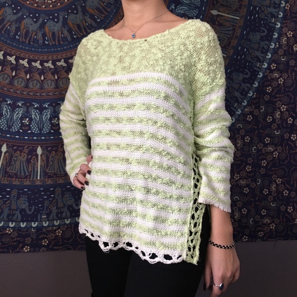 Free People Sweaters | Free People Green \u0026 White Stripe Crochet Sweater | Color: Green/White | Size: M | Mindyrg's Closet